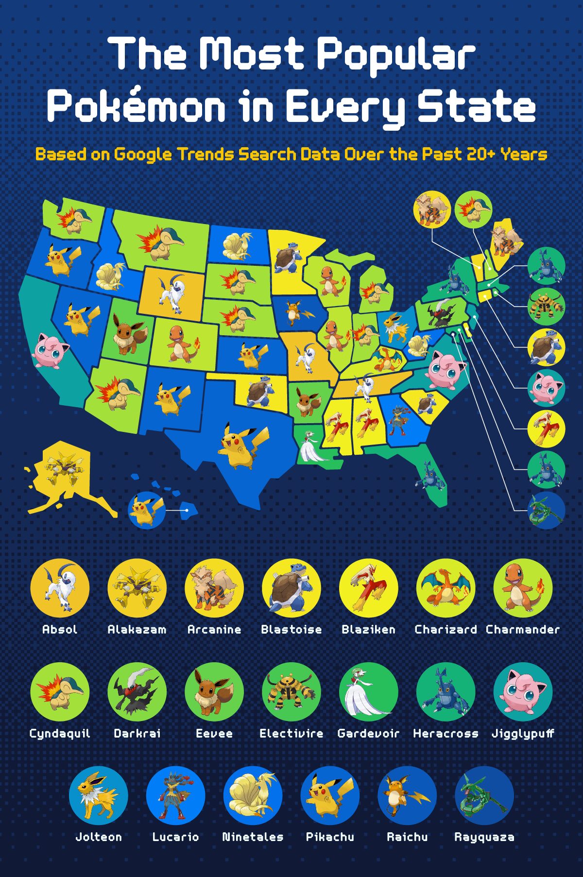 A map of the U.S. showing the most popular Pokémon in each state.