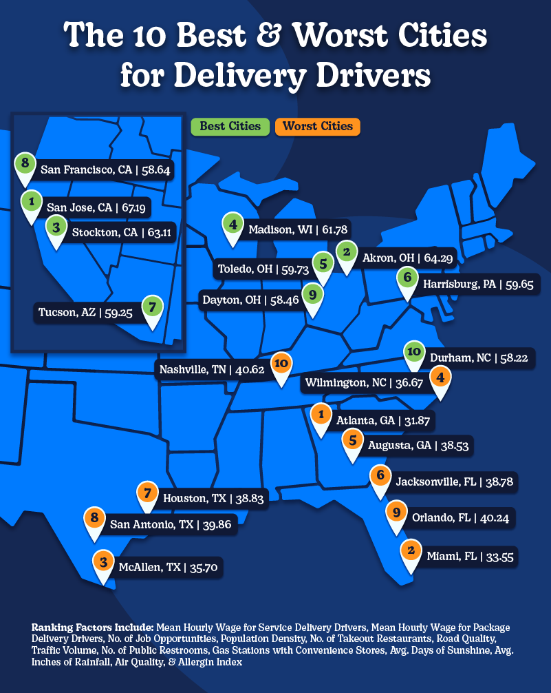 A map illustrating the 10 best and worst cities for delivery drivers.