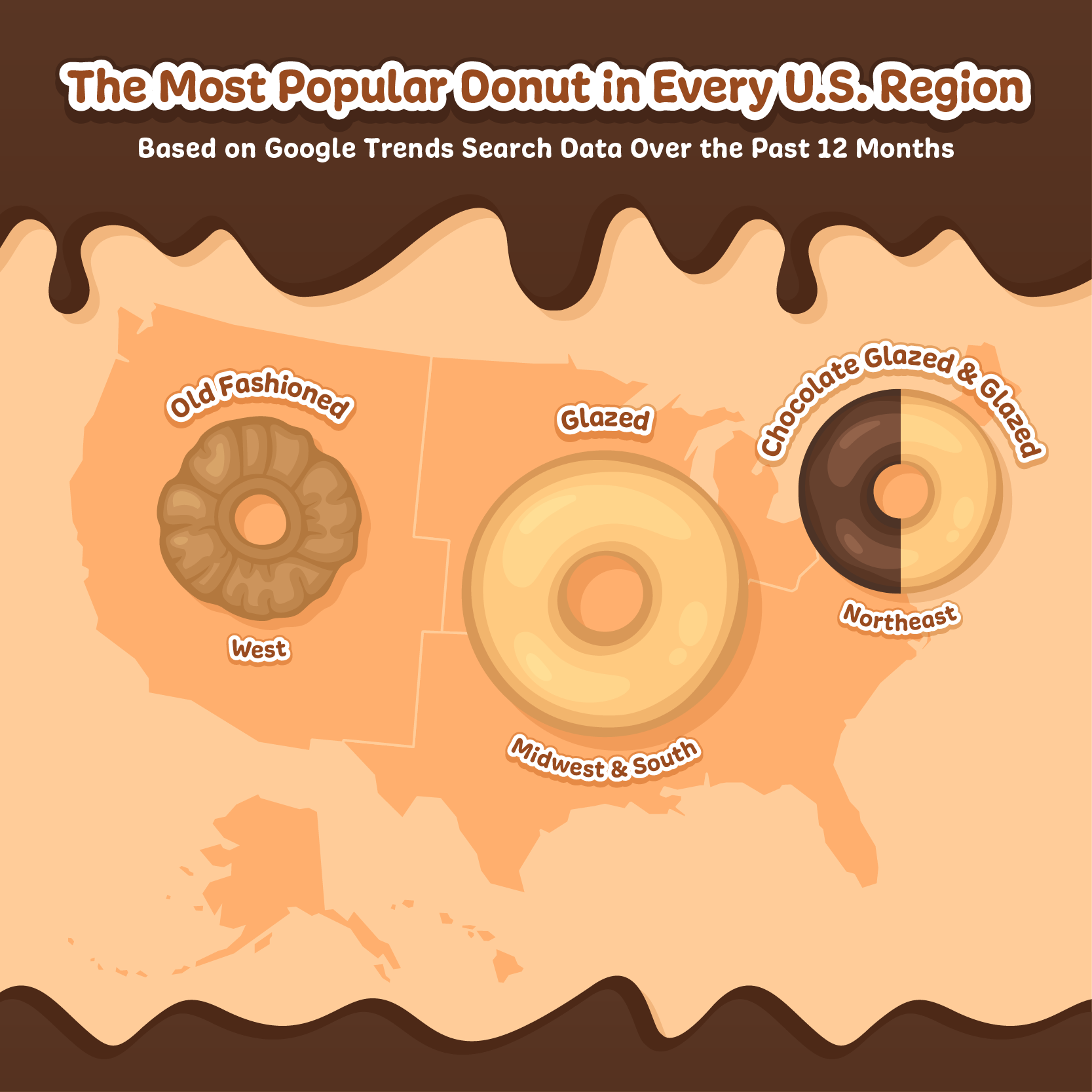 Map depicting the most popular donut flavor in every U.S. region.