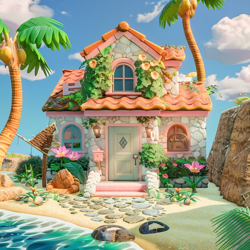 An AI-generated image of a home in Florida if it was in Super Mario’s world, pulling influence from Peach Beach.